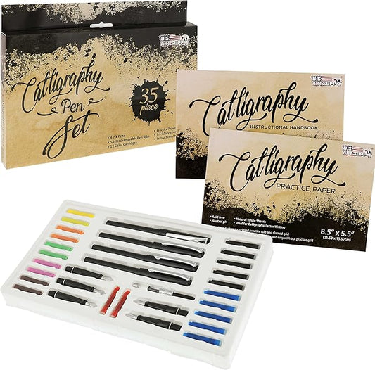 U.S. Art Supply 35-Piece Calligraphy Pen Set - 4 Pens, 5 Nibs, 22 Inks, Includes Calligraphy Pens for Writing, Beginners Handbook & Practice Paper Pad