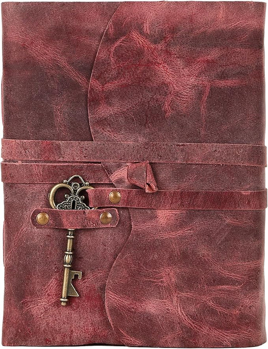 Leather Journal with Deckle Edge Paper 8x6 inch and Vintage Key | Handmade Writing Notebook Diary | Bound Daily Notepad for Men & Women Medium, Sketch/Writing pad for Artists