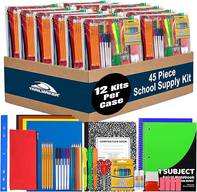 Trail maker Bulk Elementary School Supply Kits, 12 Packs of 45 Piece Wholesale School Supplies for Kids Includes Folders Notebooks Pencils Pens and Much More!
