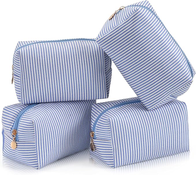 Makeup Bag Set for Women, 4PCS Travel Cosmetic Bags Pencil Case, Striped Seersucker Toiletry Organizer Pouches, Cute Makeup Pouch for Purse, Accessories and Gifts, Blue