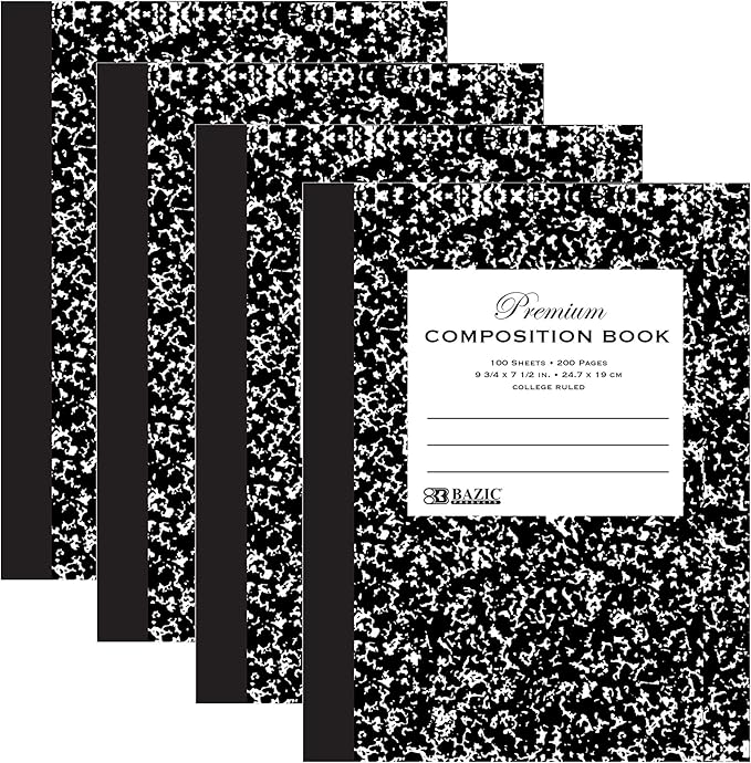 BAZIC PRODUCTS Composition Notebook, College Ruled, 9.75" x 7.5", 4-Pack