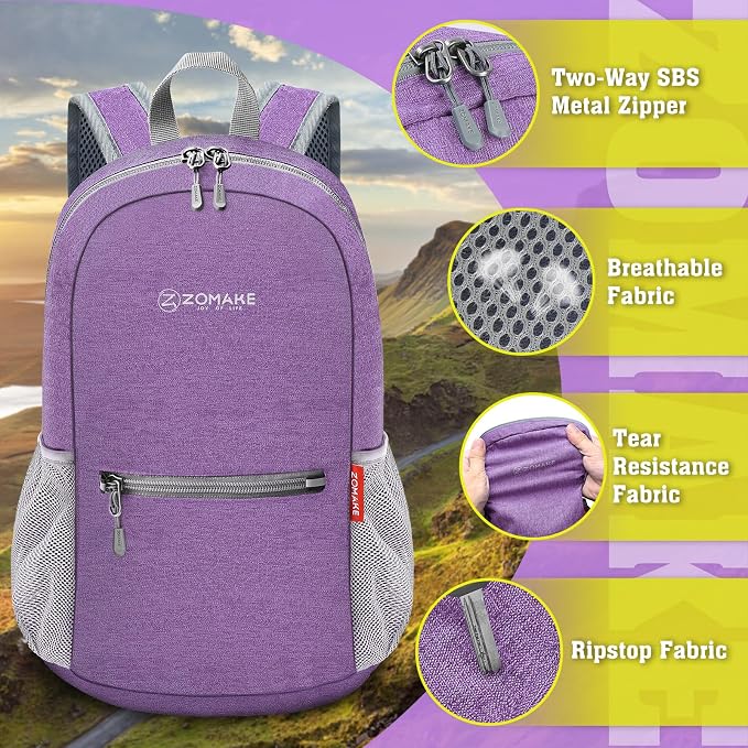 ZOMAKE Lightweight Packable Backpack, 10L Small Foldable Daypack for Hiking | Water Resistant Collapsible Backpacks for Women Men,Everyday Carry,Multi Compartment Storage,Adjustable Strap(Light PurpleA5)