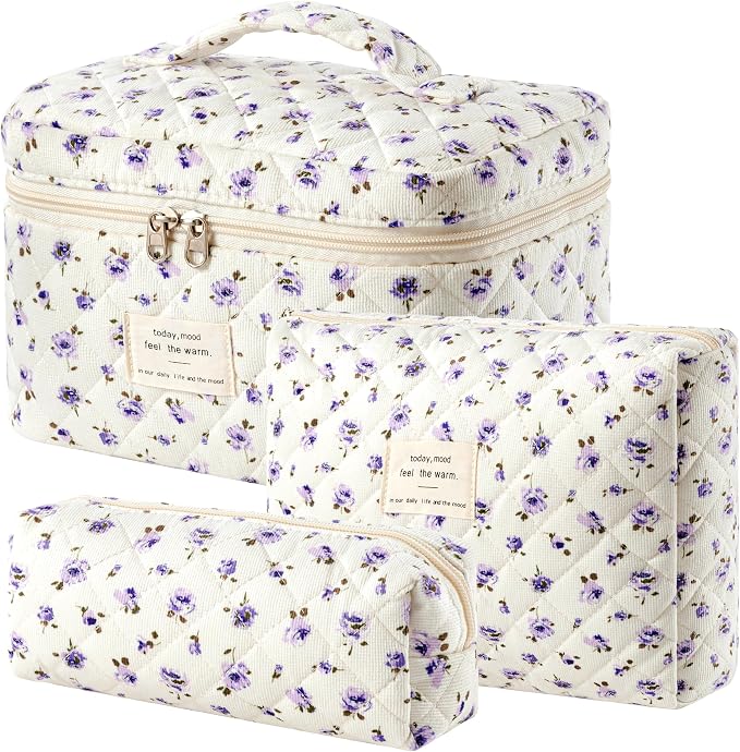 HBselect Quilted Makeup Bag, 3Pcs Cotton Large Travel Makeup Bags Organizer | Cute Floral Make up Bag Cosmetic Bag Toiletry Bag for Women Girls, Makeup Pouch for Skincare, Brushes & Travel Essentials