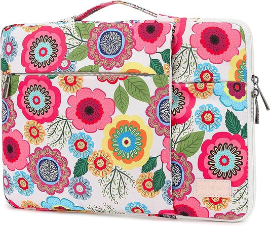 360° Protective Laptop Sleeve Case Bag with 3 Pockets,Handle,Luggage Strap for MacBook Pro 14 inch and 14 inch-14.4 inch Screen Laptop (Flowers)