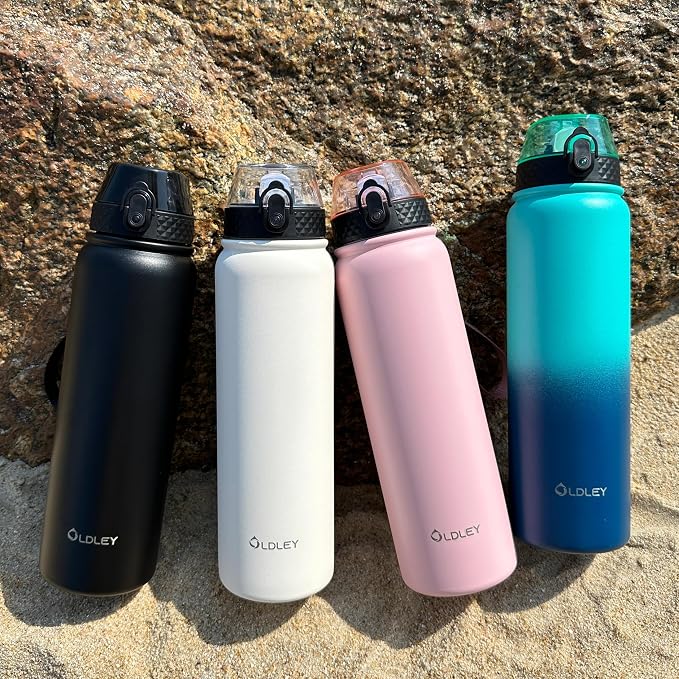Oldley Insulated Water Bottle 32 oz Stainless Steel with Straw Lid/Chug Lid, Double Wall Vacuum Wide Mouth Sweat/Leak-Proof for Sports Gym Travel Camping (Caribbean Blue)
