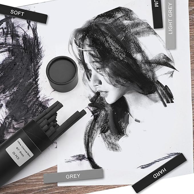 24 Pcs Compressed Charcoal Sticks with Soft, Medium, Hard and White Charcoal, Square Charcoal Stick Kit for Drawing, Sketching and Shading (12 Black + 4 Gray + 8 White)