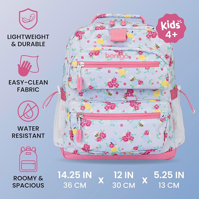 Bentgo Kids Print Backpack - Lightweight 14” Backpack for School, Travel & Daycare, Ideal for Ages 4+, Durable & Water-Resistant, Roomy Interior, & Loop for Lunch Bag (NEW Blooming Floral)