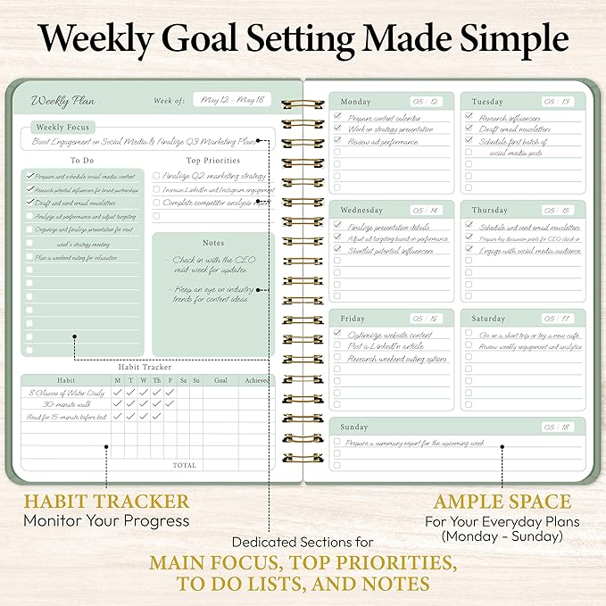 Undated Weekly Planner & Notebook for Work, School & Home - Aesthetic Hardcover Spiral Blank Planner with Habit Tracker, Goal Organizer & To Do List - 124 No-Bleed Pages, 6.4×8.5", Green