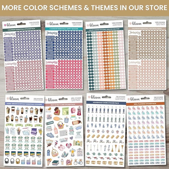 bloom daily planners Neutral Aesthetic Calendar Essentials Planner Stickers - 8 Sheets, 1629 Stickers Per Pack! - Color Coordinating Monthly Headings, Dates, Icons, Etc. - Sweater Weather