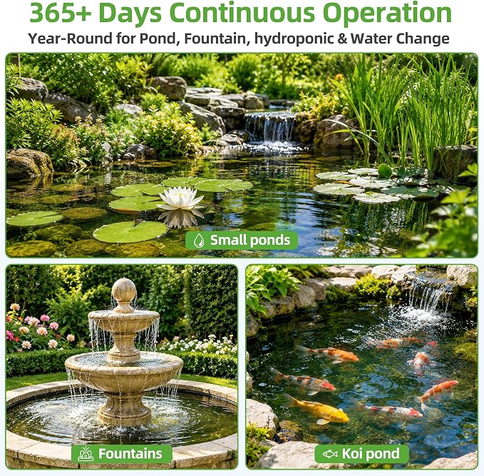 FREESEA Durable Small Pond Pump: 365+ days Continuous Operation | 845GPH 60W Bottom Suction with Epoxy-Sealed Motor & 176℉ Overheat Protection for Pond Circulation Water Change