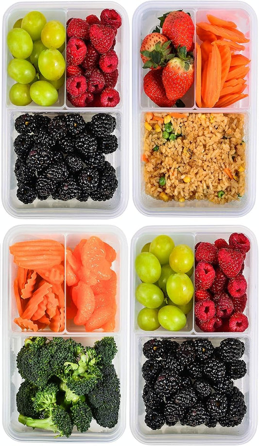 Bento Box for Kids & Adults Reusable Lunch Containers, 3 Pack, Clear, 39 oz | 3 Compartment Food Storage Meal Prep Containers with Lids, Divided Snack Box, Dishwasher Freezer Microwave Safe, Airtight