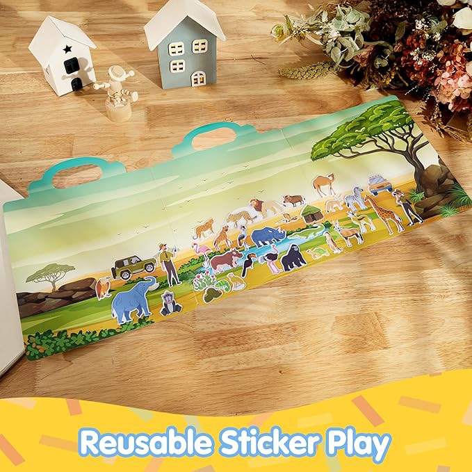 JOYIN Safari Animals Reusable Sticker Book for Toddlers, 3D Sticker Book for Kids 3 4 5, Travel Essentials, Airplane Activity Toys, Crafts Gifts, Birthday Gifts