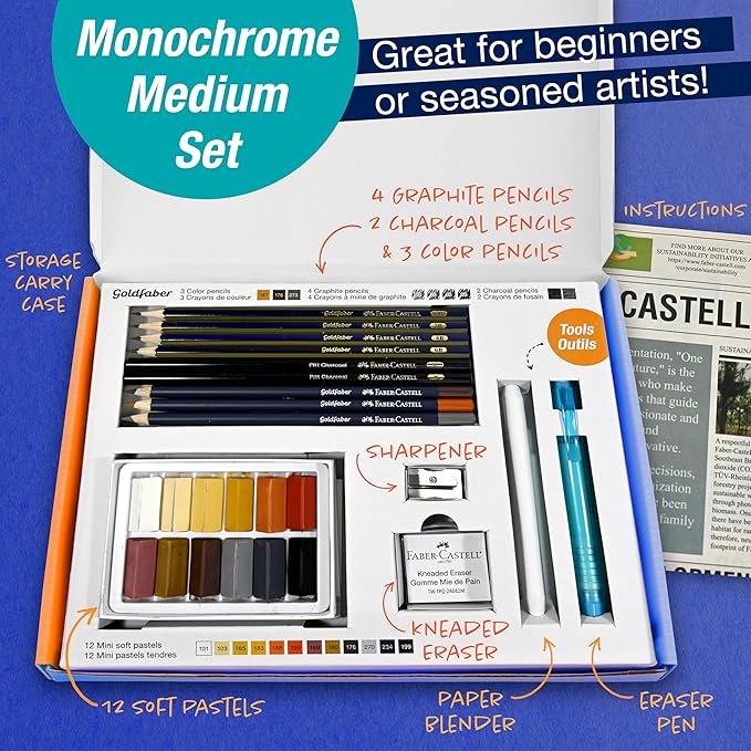 Faber-Castell Try It Box: Monochrome, 27 Piece Drawing Art Kit featuring Colored Pencils, Graphite, and Charcoal Pencils, Professional Art Supplies for Adults, Teens, and Beginners