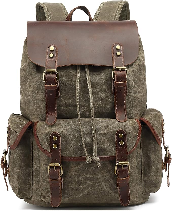 Genuine Leather Canvas waxed Backpack Travel Rucksack Laptop Bag Army Green