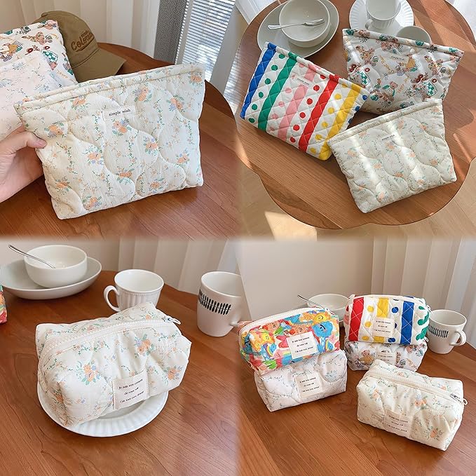 Sminra 2 Pieces Floral Makeup Bag, Cute Travel Quilted Pouch Cosmetic Bag Organizer, Small Cotton Coquette Aesthetic Purse Toiletry Bag for Women Girls accessories (2PCS-Beige Floral)