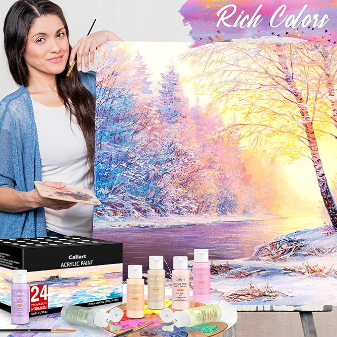 Acrylic Paint Set With 12 Brushes, 24 Colors (59ml, 2oz) Art Craft Paints for Adults Artists Beginners Painters, Canvas Halloween Pumpkin Ceramic Wood Rock Painting Art Supplies (Pastel)