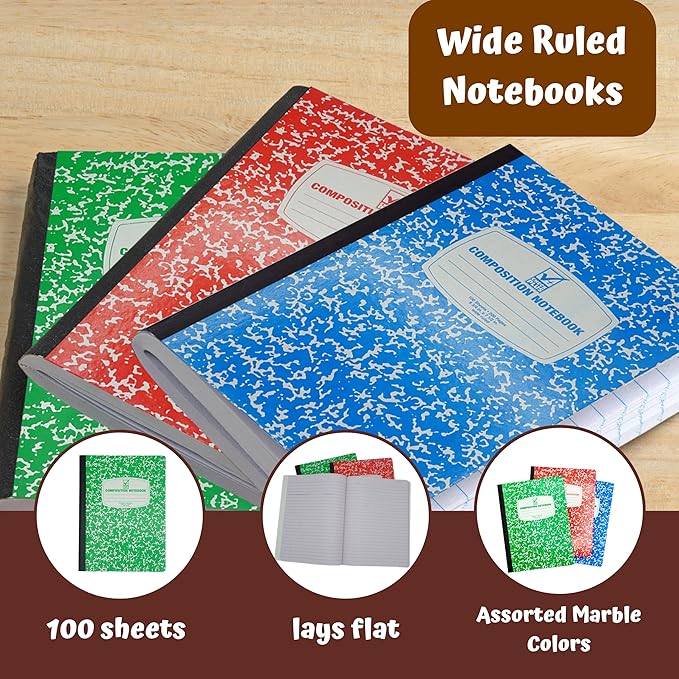 4E's Novelty Wide Ruled Composition Notebooks - Pack of 6- Hard Cover 100 Sheets 9.75" x 7.5" - Red Blue Green Cute Marble Colors, Bulk Compositon Book Wide Ruling, Back to School Supplies