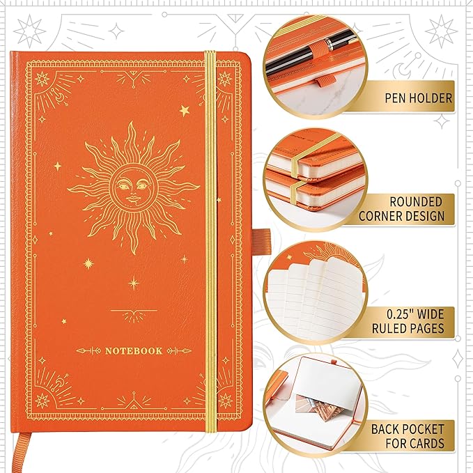 Artfan Ruled Notebook/Journal – Premium Thick Paper Classic Writing Notebook with Pocket + Page Dividers Gifts, Banded, Large, 128 Pages, Hard Cover, Lined (5.3" x 8.26") - Orange