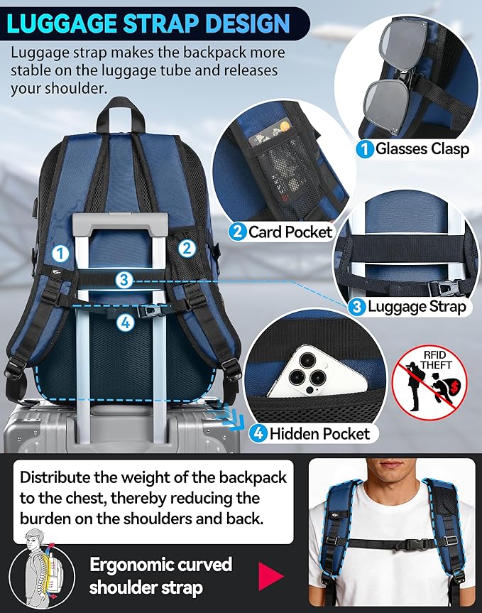 ProEtrade Travel Backpack, Extra Large Laptop Backpack Business Anti Theft TSA Approved College Work Computer Bag Fits 18.4 Inch Laptop with USB Charging Port for Women Men(Blue,L)