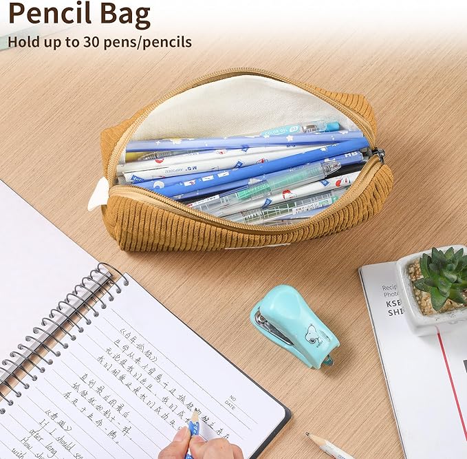Pencil Bag Pen Case, Soft Corduroy Small Pencil Pouch Organizer with Zipper, Cute Pencil Case Pouch Stationery for Girls and Boys – Yellow