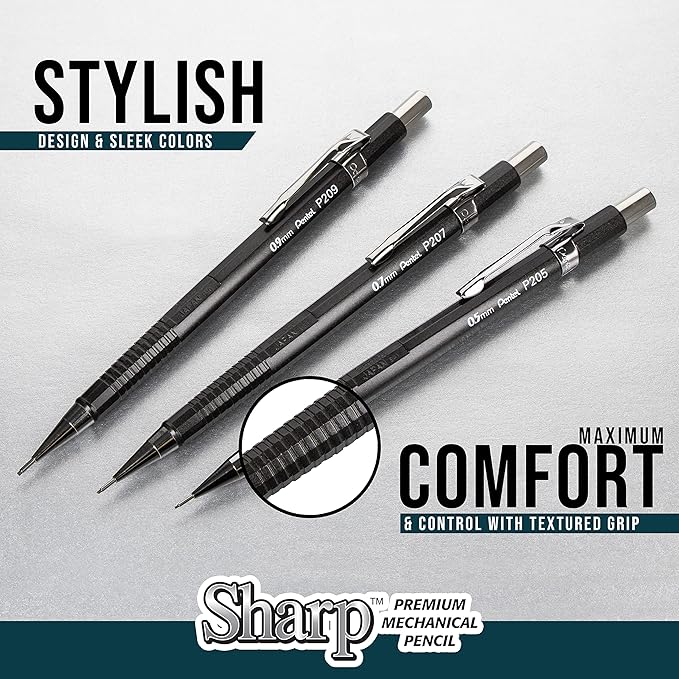 Pentel Sharp Metallic Mechanical Pencil, (0.5mm), Fine Line, Assorted Colored Barrels, Pack of 4 (P205MPF4M)