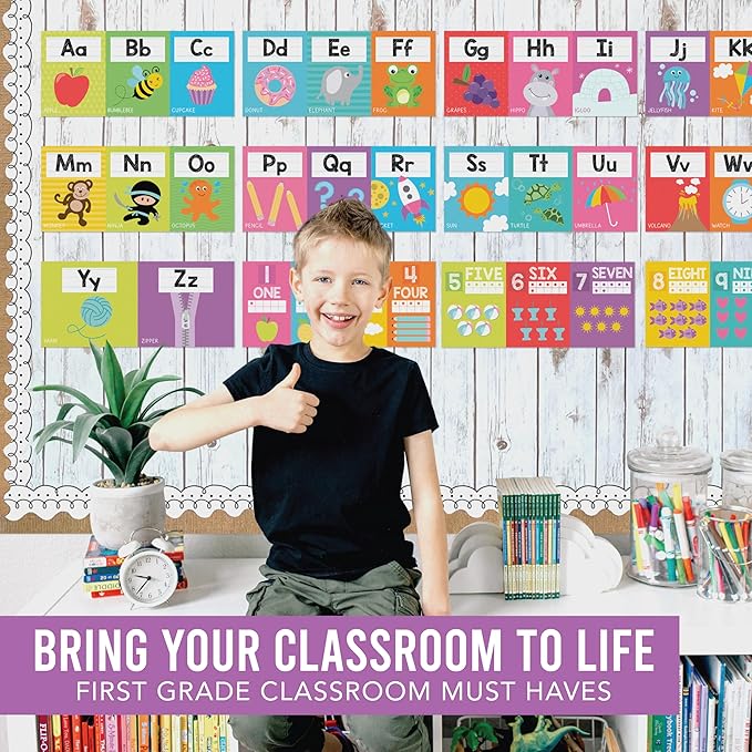 Hadley Designs Alphabet for Classroom Wall Decor - ABC Posters for Classroom Wall Chart Preschool & Kindergarten, ABC Letters & Number Line Elementary, Alphabet Cards, Colorful Classroom Decor