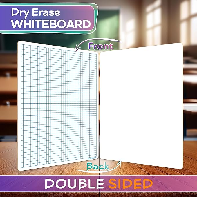 SCRIBBLEDO Dry Erase Graph Whiteboard 9" x 12" Double Sided Dry Erase Board with Grid for Home, School, Classroom, Kids and Students Portable Grid Board for Graphing and Geometry