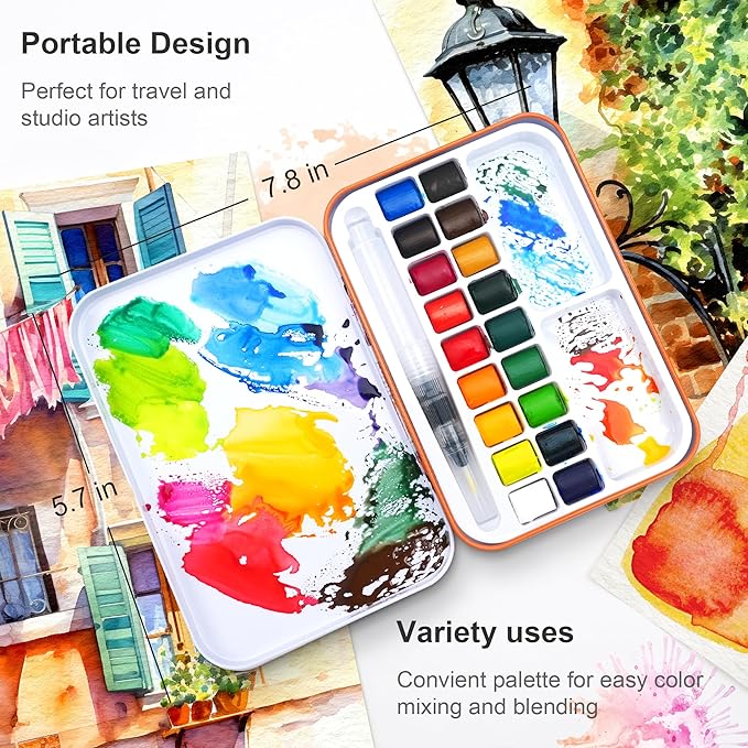 AUREUO Small Travel Watercolor Set - 18 Colors Portable Mini Water Color Kit with Tin Box for Beginners