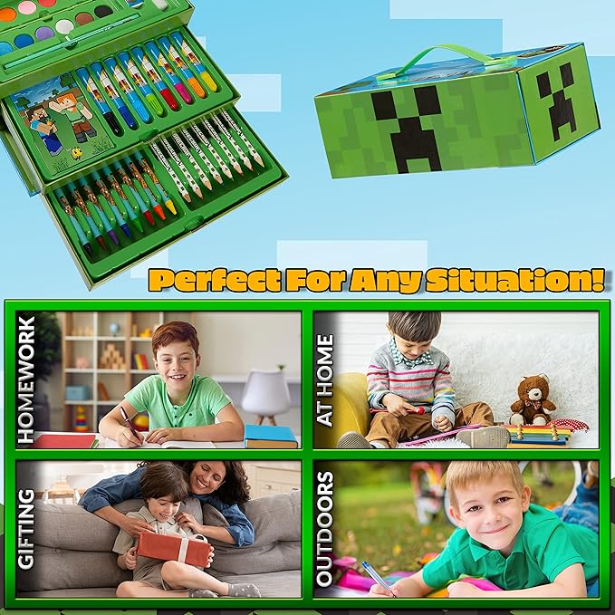 Minecraft Colored Pencils Art Supplies Set Crayons Watercolor Paints Colored Markers Coloring Drawing Kit Creeper Art Set Case Gamer Gifts for Boys