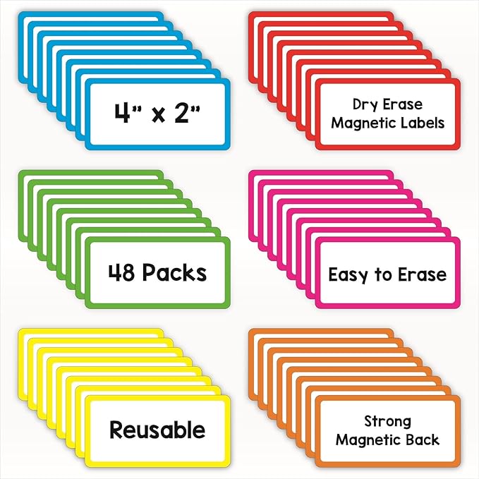 IMAGAME 48 Pack Magnetic Dry Erase Labels - Magnetic Blank Cards with Color Borders, Reusable Name Tags - Dry Erase Labels for Home, Office, Classroom - 2 x 4 Inches