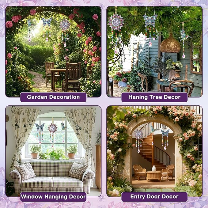 Arts and Crafts for Kids Ages 6-12, Birthday Gifts for 6 7 8 9 10 11 12 Year Old Girls, DIY Diamond Painting Kits for Kids Teens Adults, Butterfly Sun Hummingbird Wind Chimes for Home Garden Decor