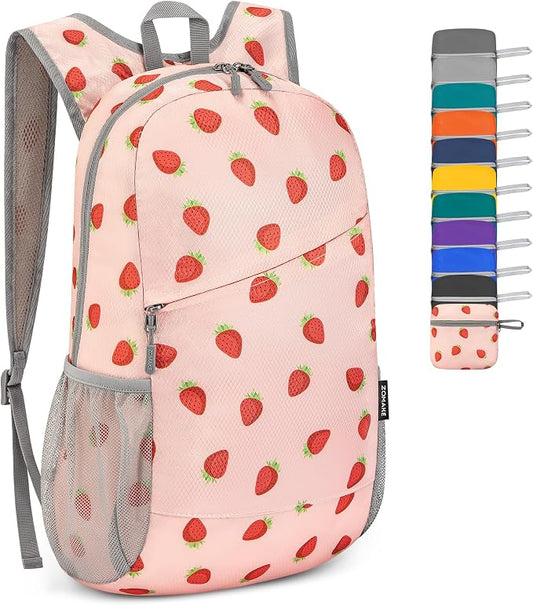 ZOMAKE Lightweight Packable Backpack 20L, Foldable Small Daypack for Hiking | Water Resistant Backpacks Day Bag for Travel Outdoor Camping Sport, Everyday Carry, Multiple Pockets(Strawberry Print)