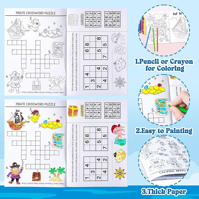 JAPBOR Pirate Activity Coloring Books - 48PCS Mini Pirates Activities Colouring Book Bulk for Kid Party Favor, Summer Nautical Theme Drawing Booklet Goodie Bag Filler, Birthday Class Painting Game