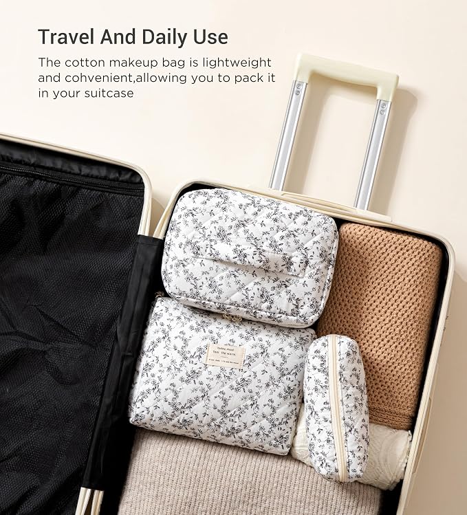 HBselect Quilted Makeup Bag, 3Pcs Cotton Large Travel Makeup Bags Organizer | Cute Floral Make up Bag Cosmetic Bag Toiletry Bag for Women Girls, Makeup Pouch for Skincare, Brushes & Travel Essentials