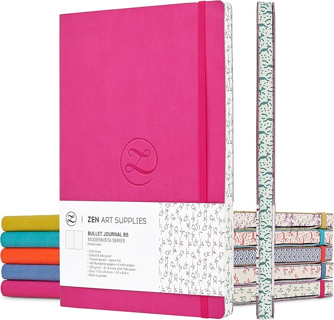 Cute Large B5 Dot Journal - Enjoy Bullet Journaling with a Soft Cover 7x10-inch, Non-Bleed Thick 120gsm Paper, Dotted Journal in Pink, Japanese Edge Motif, Faux Leather Lay Flat Dot Notebook ZenART