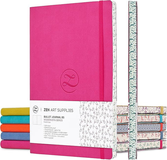 Cute Large B5 Dot Journal - Enjoy Bullet Journaling with a Soft Cover 7x10-inch, Non-Bleed Thick 120gsm Paper, Dotted Journal in Pink, Japanese Edge Motif, Faux Leather Lay Flat Dot Notebook ZenART