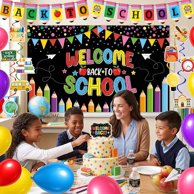 Joy Bang Back to School Decorations, Back to School Banner with Hanging Swirls Apple School Bus Pencil Balloons Welcome Back to School Photo Backdrop First Day of School Decorations Classroom Decor
