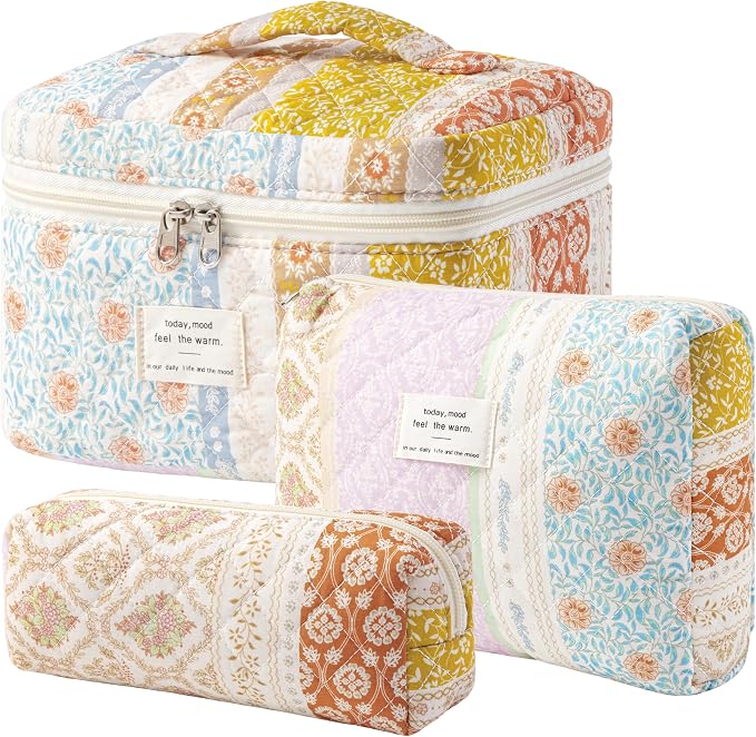 HBselect Quilted Makeup Bag, 3Pcs Cotton Large Travel Makeup Bags Organizer | Cute Floral Make up Bag Cosmetic Bag Toiletry Bag for Women Girls, Makeup Pouch for Skincare, Brushes & Travel Essentials