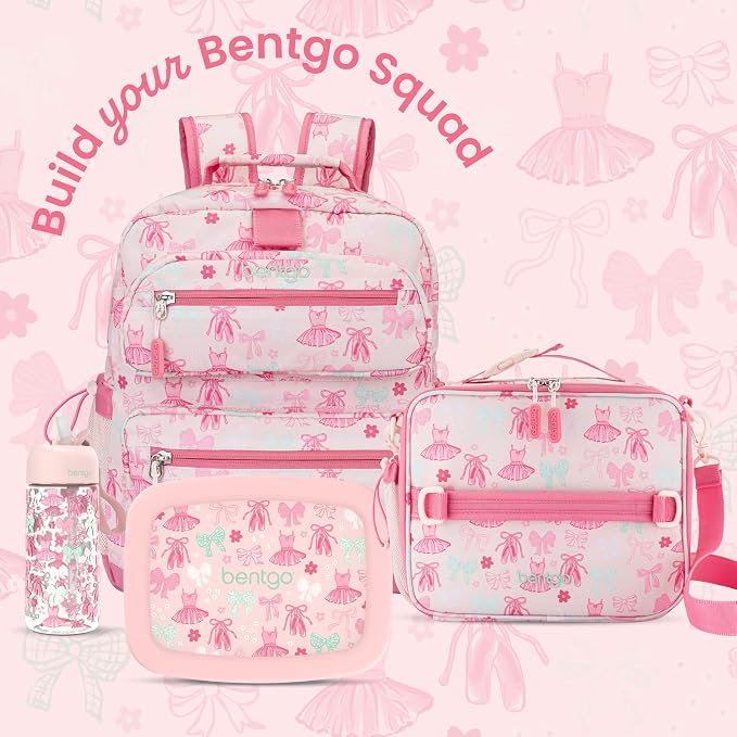 Bentgo Kids Prints Double-Insulated Reusable Lunch Bag | For Kids 3+, Adjustable Strap; Holds Lunch Box/Water Bottle/Snacks; Easy-Clean, Water-Resistant, Pockets (NEW Ballet & Bows)