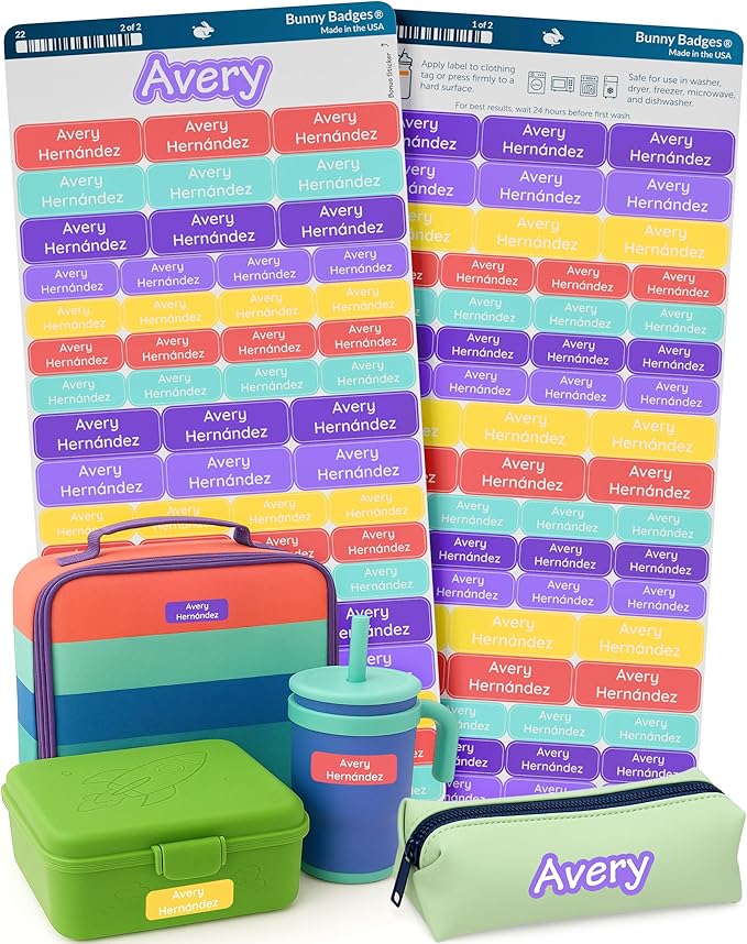 Bunny Badges Personalized Daycare Name Labels for Kids (120 Labels) Custom Label for Clothing Tag - Waterproof Name Stickers for Clothing Tags, Bottles, Backpacks and School Supplies (Confetti)