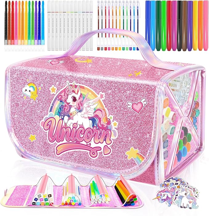 70 PCS Unicorn Arts and Crafts for Girls Ages 4-6-8, Art Supplies Set with 3D Rainbow Glitter Pencil Case, Washable Dual Markers, Scented Gel Pens, Twist-up Crayons & Unicorn Stickers, Birthday Gift