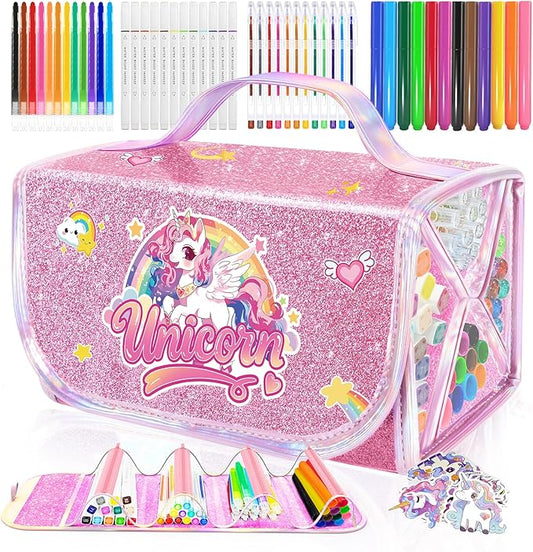 70 PCS Unicorn Arts and Crafts for Girls Ages 4-6-8, Art Supplies Set with 3D Rainbow Glitter Pencil Case, Washable Dual Markers, Scented Gel Pens, Twist-up Crayons & Unicorn Stickers, Birthday Gift