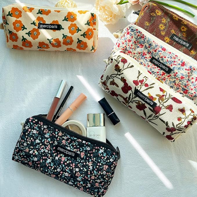 Pencil Pouch Cute Pencil Case Office Storage Bag Holder Box Organizer Aesthetic Bow Flower Pattern Makeup Pouch Cosmetic Bag for Women Girls