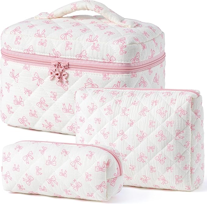 HBselect Quilted Makeup Bag, 3Pcs Cotton Large Travel Makeup Bags Organizer | Cute Floral Make up Bag Cosmetic Bag Toiletry Bag for Women Girls, Makeup Pouch for Skincare, Brushes & Travel Essentials