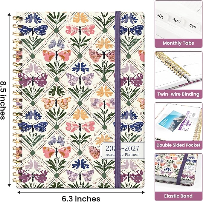 Planner 2026-2027, Academic Monthly and Weekly Calendar Planner for Women, July 2026 - June 2027, Hardcover Pretty Agenda Planner Book with Tabs, Spiral Daily Organizer for School Office Home Supplies, 6.3" x 8.5" - Butterfly Patchwork