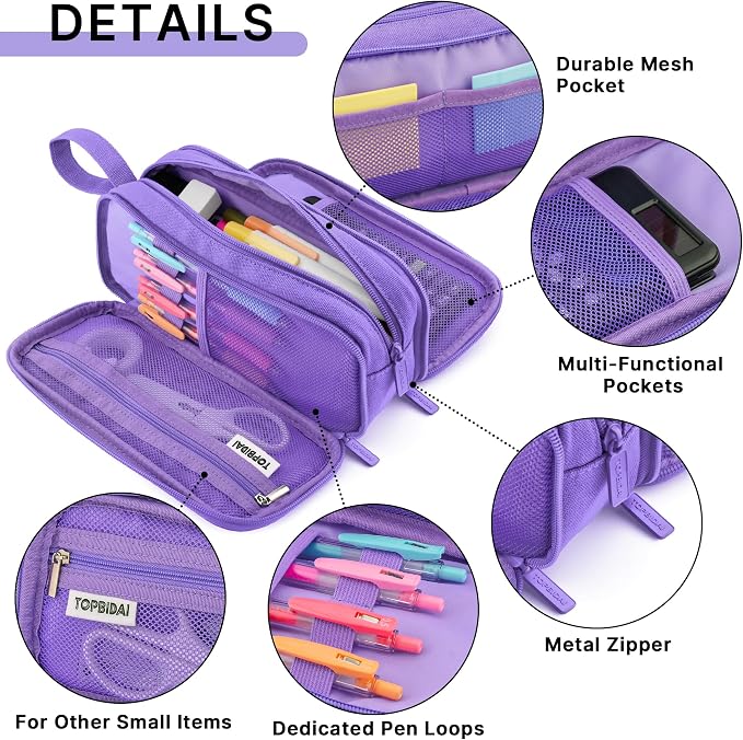 TOPBIDAI Large Pencil Case Pouch for Girls Boy Women Men Adults | Big Capacity Canvas Pencil Bag, Office School Supplies, Multi Compartment Zipper Stationery Pen Box(Full Purple)