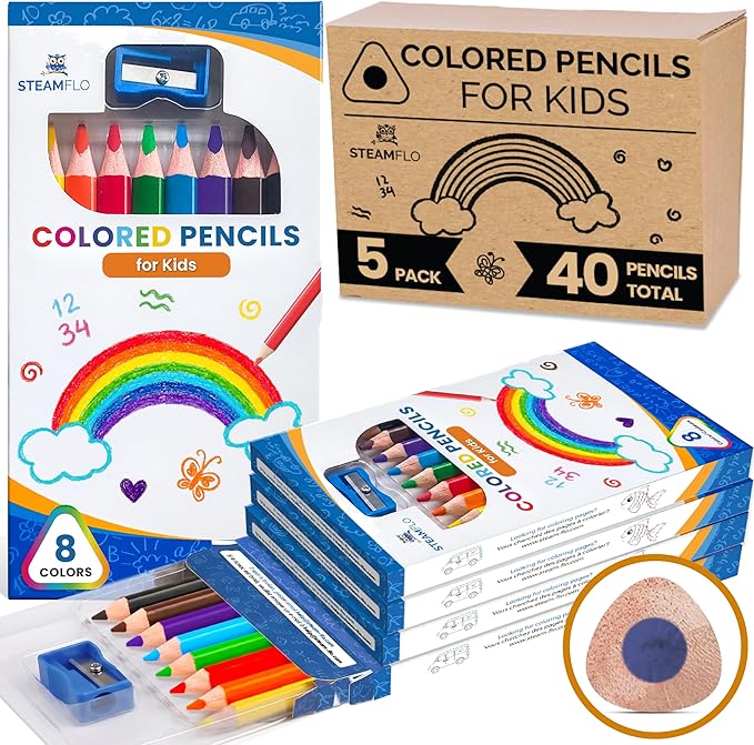 Colored Pencils for Toddlers 3-4 Years – Kids Pencils for Beginners, Toddlers and Preschoolers, Jumbo Triangle Shape for Easy Grip, Thick Colored Core for Easy Coloring and Less Breakage (5 Pack)