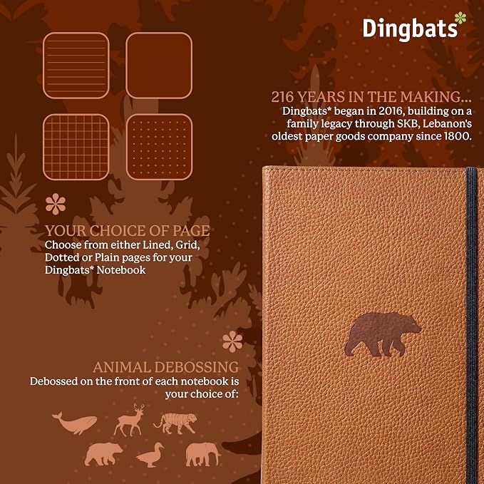Dingbats* Wildlife Dotted Writing Journal Notebook A5 - Vegan Leather Hardcover - Ideal for Work, Travel - Pocket, Elastic Closure, & Bookmark