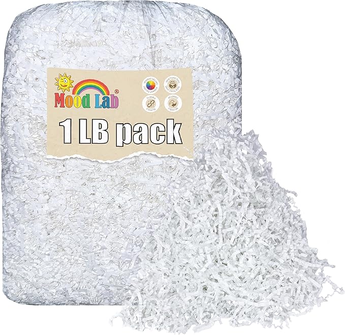 Mood Lab Crinkle Cut Paper Shred Filler - 1 LB White - Shredded Cut Paper for Basket Filling - Gift Box Kraft Wrapping Paper