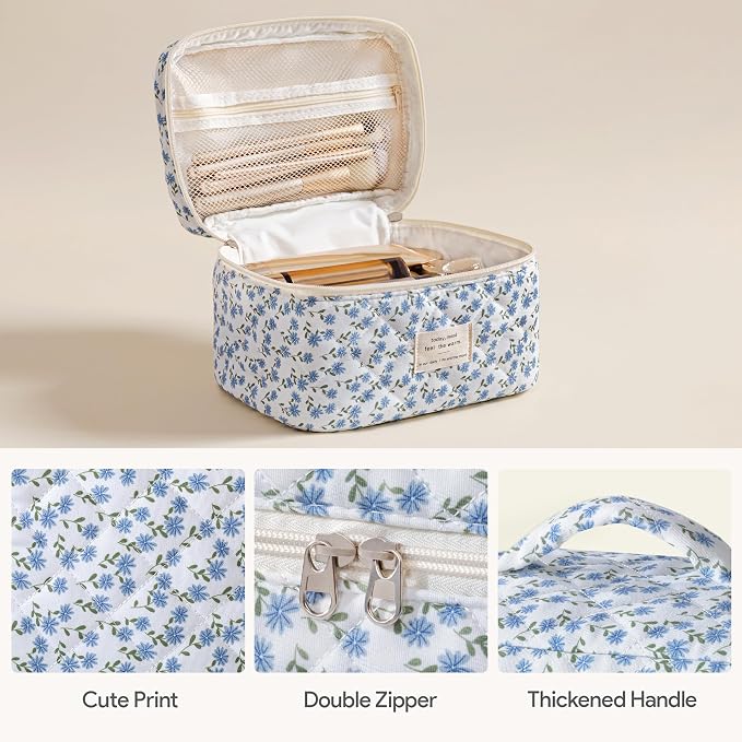 HBselect Quilted Makeup Bag, 3Pcs Cotton Large Travel Makeup Bags Organizer | Cute Floral Make up Bag Cosmetic Bag Toiletry Bag for Women Girls, Makeup Pouch for Skincare, Brushes & Travel Essentials